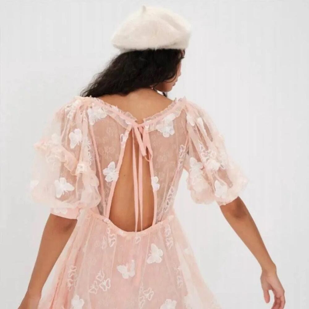 For Love & Lemons Shari Medium Peach Mini Dress Butterfly Sequin Lace NWT - Picture 6 of 16